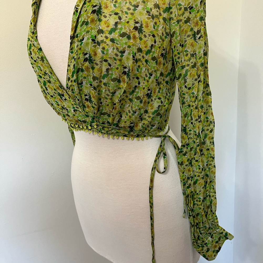 Favorite Daughter The Lover Chiffon Boho Crop Wrap Top XS Green Anthropology - Picture 3 of 10